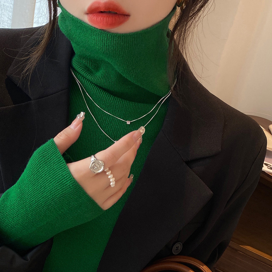 绿色高领别致打底衫女2025秋冬新款减龄内搭针织衫羊绒堆堆领毛衣,女装/女士精品,毛针织衫,淘宝优惠券,粉丝福利购,淘宝优惠卷