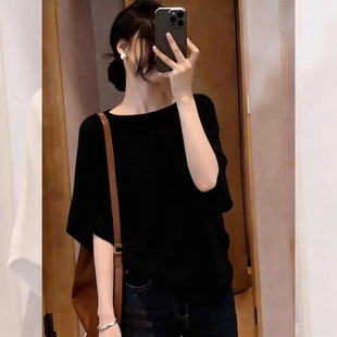 别致漂亮设计感黑色半袖针织衫女夏季五分袖洋气宽松显瘦t恤上衣
