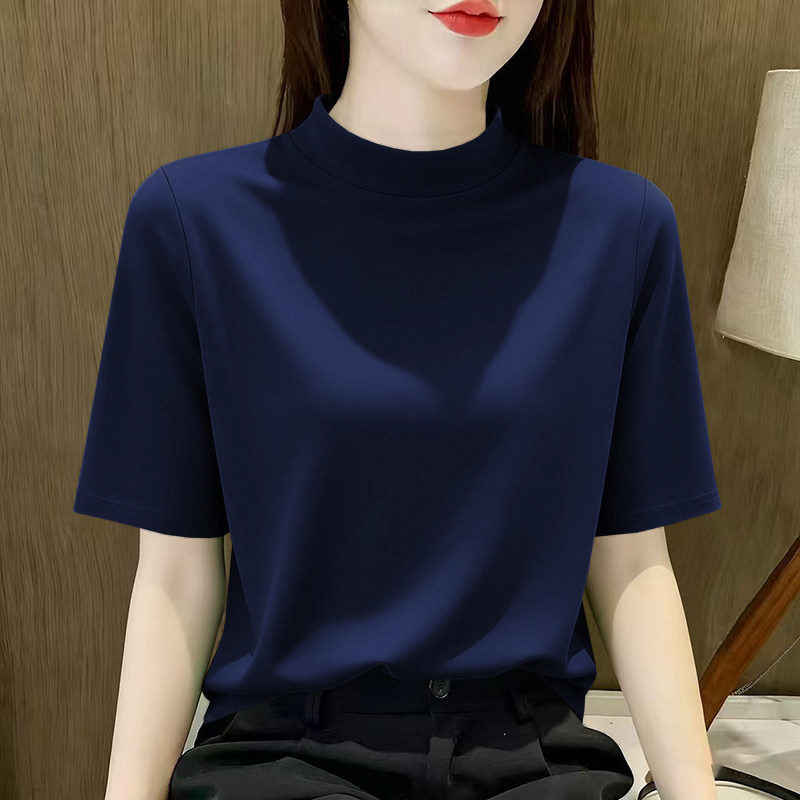 半高领中袖针织上衣女春秋薄款休闲气质打底2026新款蓝色宽松中袖