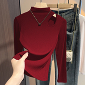 法式 半高领镂空上衣洋气百搭针织衫 安哥拉红打底衫 女春秋内搭修身