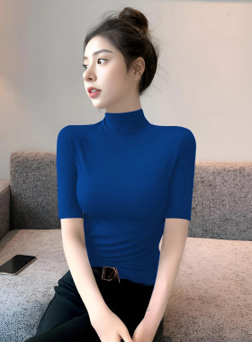 半高领中袖T恤女内搭春秋黑色修身毛衣五分袖打底衫洋气蓝色上衣