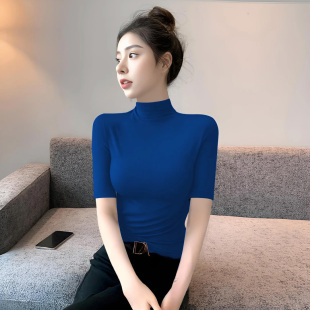 半高领中袖T恤女内搭春秋黑色修身毛衣五分袖打底衫洋气蓝色上衣