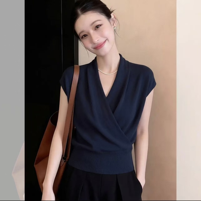 交叉V领莱赛尔天丝短袖针织女收腰显瘦夏季百搭T恤藏蓝色气质上衣
