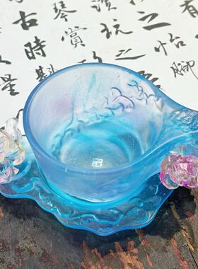 【国色天香琉璃杯】蓝紫渐变牡丹琉璃咖啡杯 桌面摆件 7691