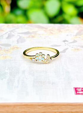 【花开来福】彩色花朵镶钻蝴蝶金色开口戒指 6090