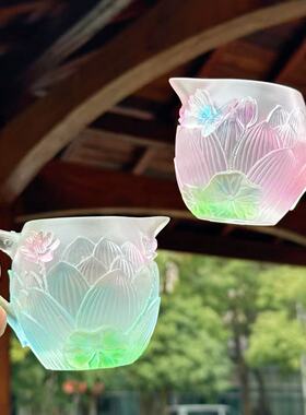 灵隐文创和荷美美粉绿色渐变琉璃荷花莲花公道杯茶杯桌面摆件7699