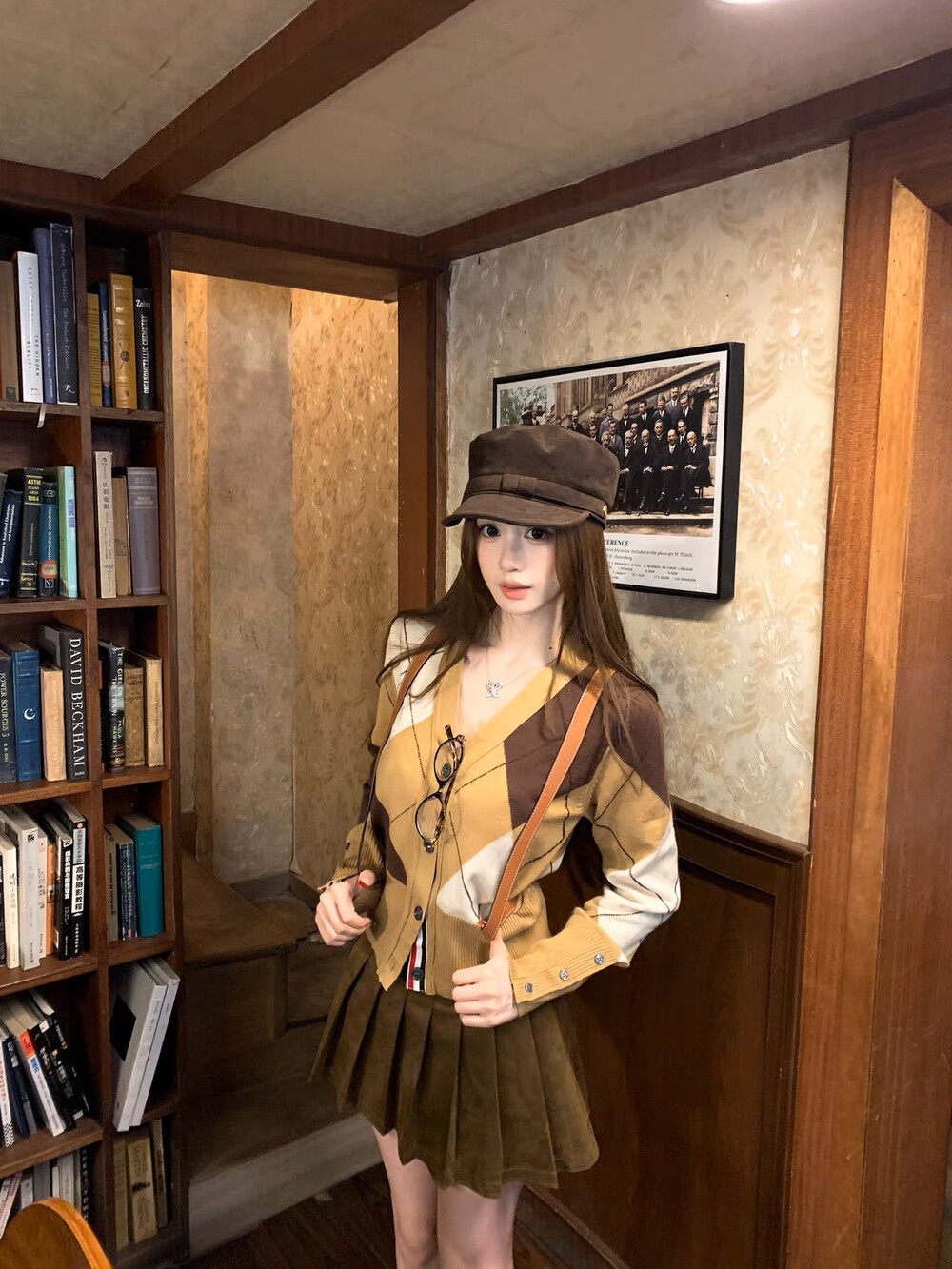 miu里miu气～复古学院风菱格纹V领单排扣针织开衫外套毛衣上衣女