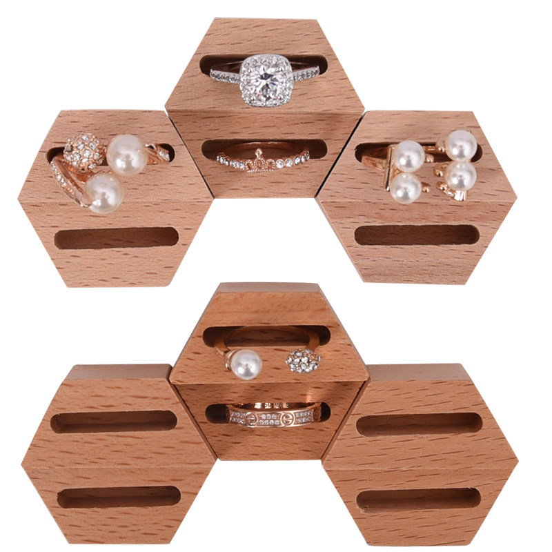 통나무 반지 홀더 반지 진열대 너도밤나무 단단한 나무 보석 스탠드 육각형 결혼 반지 상자 창의적인 보석 스탠드