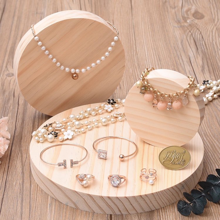 로그 라운드 3 피스 조합 세트 단단한 나무 스토리지 랙 쥬얼리 랙 디스플레이 카운터 쥬얼리 디스플레이 테이블 높이 테이블