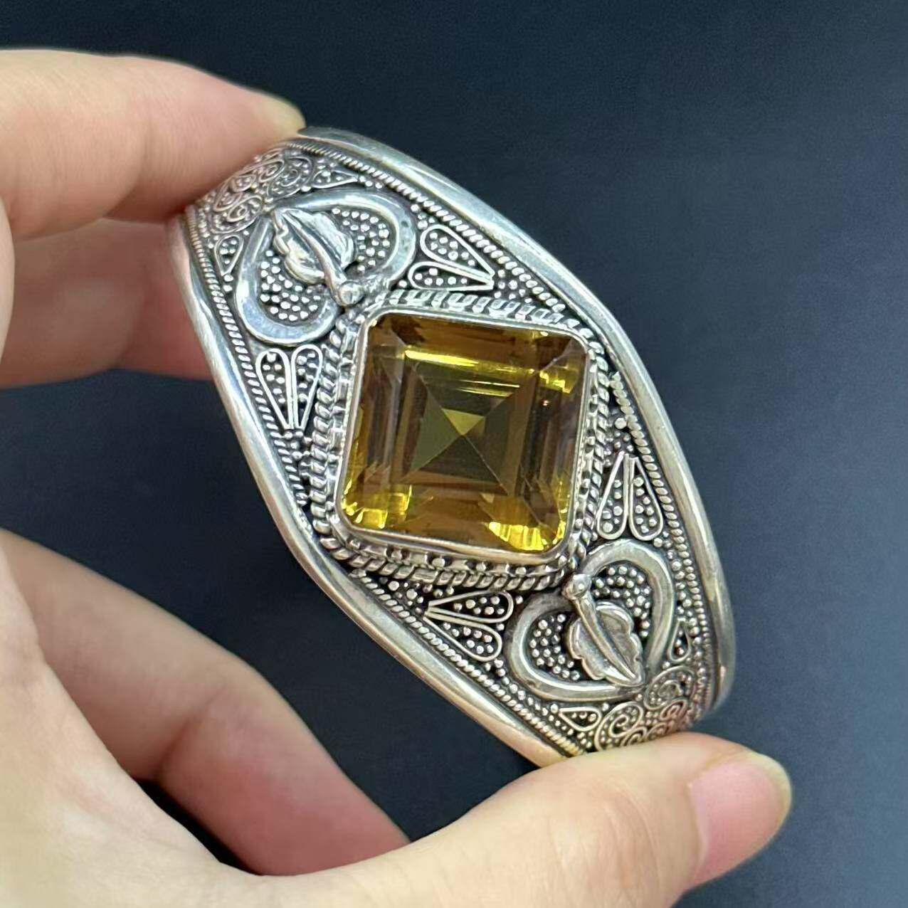 菱形黄水晶大手镯 尼泊尔手工925纯银 复古风男女通用 古法工艺