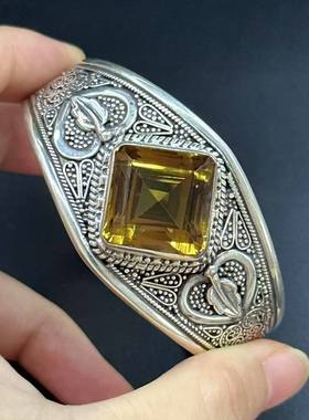 菱形黄水晶大手镯 尼泊尔手工925纯银 复古风男女通用 古法工艺