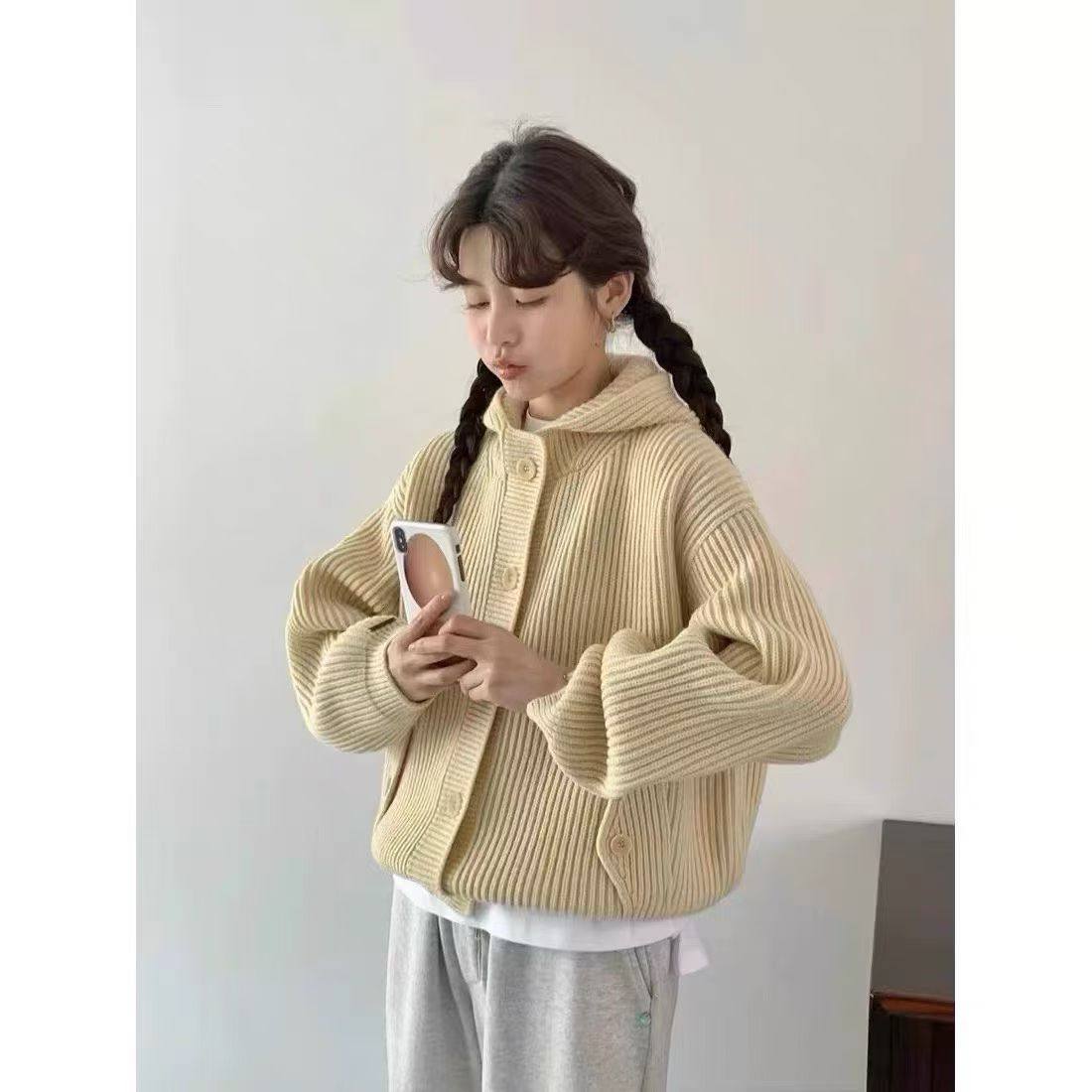 韩国东大门25年春季新款时尚百搭连帽针织开衫毛衣女a171