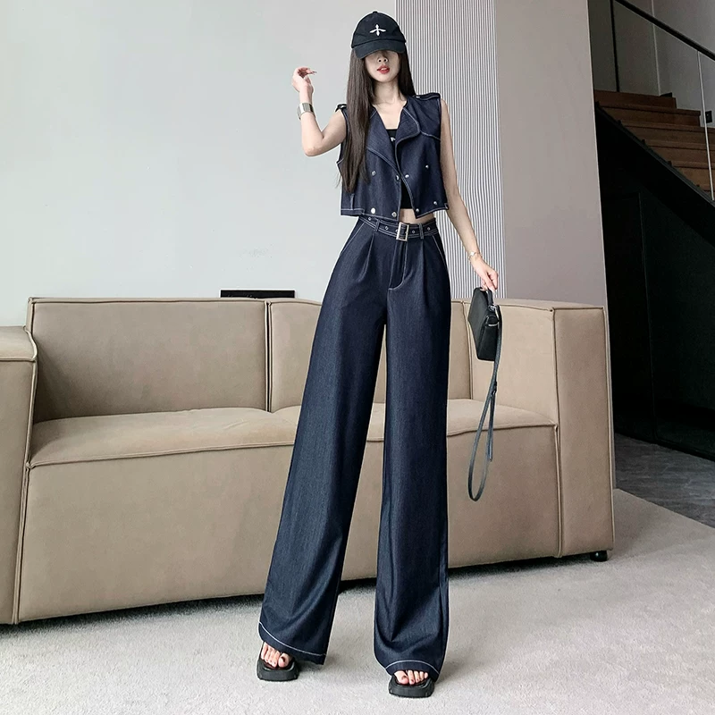 Модный джинсовый жилет, летние брюки, комплект, стиль Chanel, высокая талия