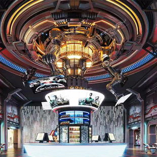 饰美陈摆件 电影院主题赛博朋克机械金属墙面前台氛围灯天花吊顶装