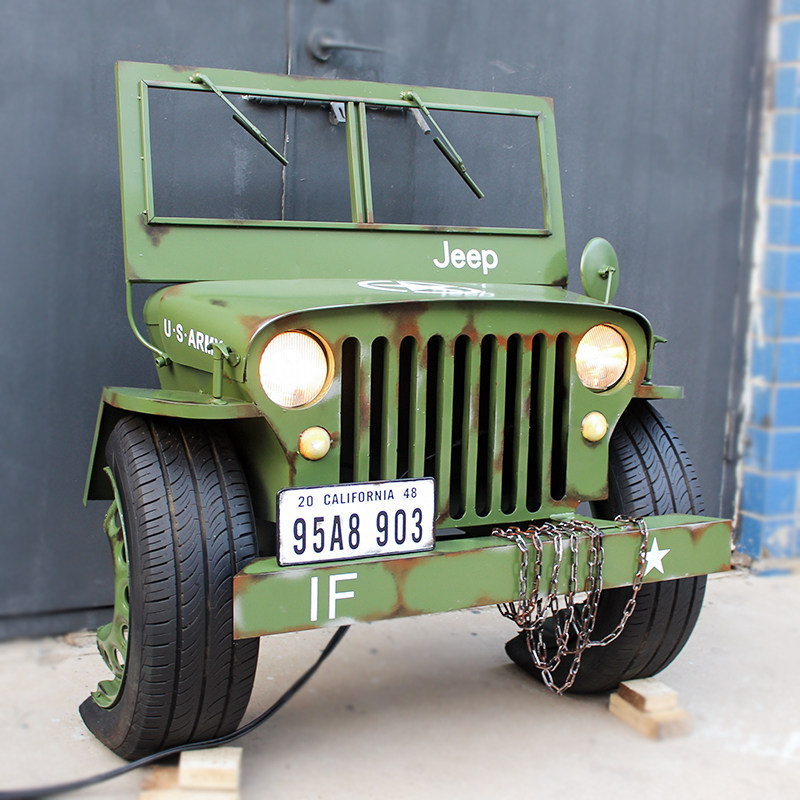 复古铁艺大型吉普车模型美陈摄影道具金属酒吧装饰品家居收纳摆件