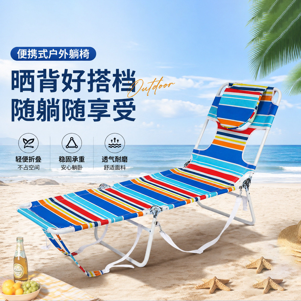 亚马逊背包式美黑躺床户外便携式折叠沙滩椅多角度调节靠背休闲椅