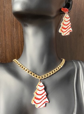 G圣诞节甜美圣诞树项链耳环短款锁骨链配饰套装