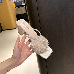 仙女风高跟凉鞋女水钻2026夏季新款韩版方头粗跟水钻公主女鞋绝美