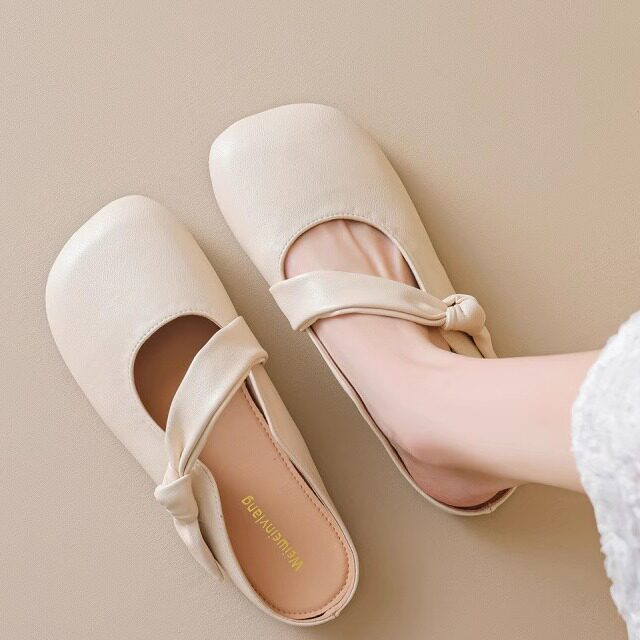 法式复古方头包头半拖鞋女2026新款配裙子懒人单鞋平底软底穆勒鞋