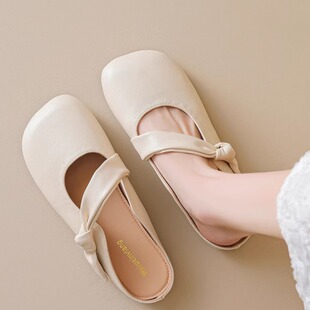 法式复古方头包头半拖鞋女2026新款配裙子懒人单鞋平底软底穆勒鞋