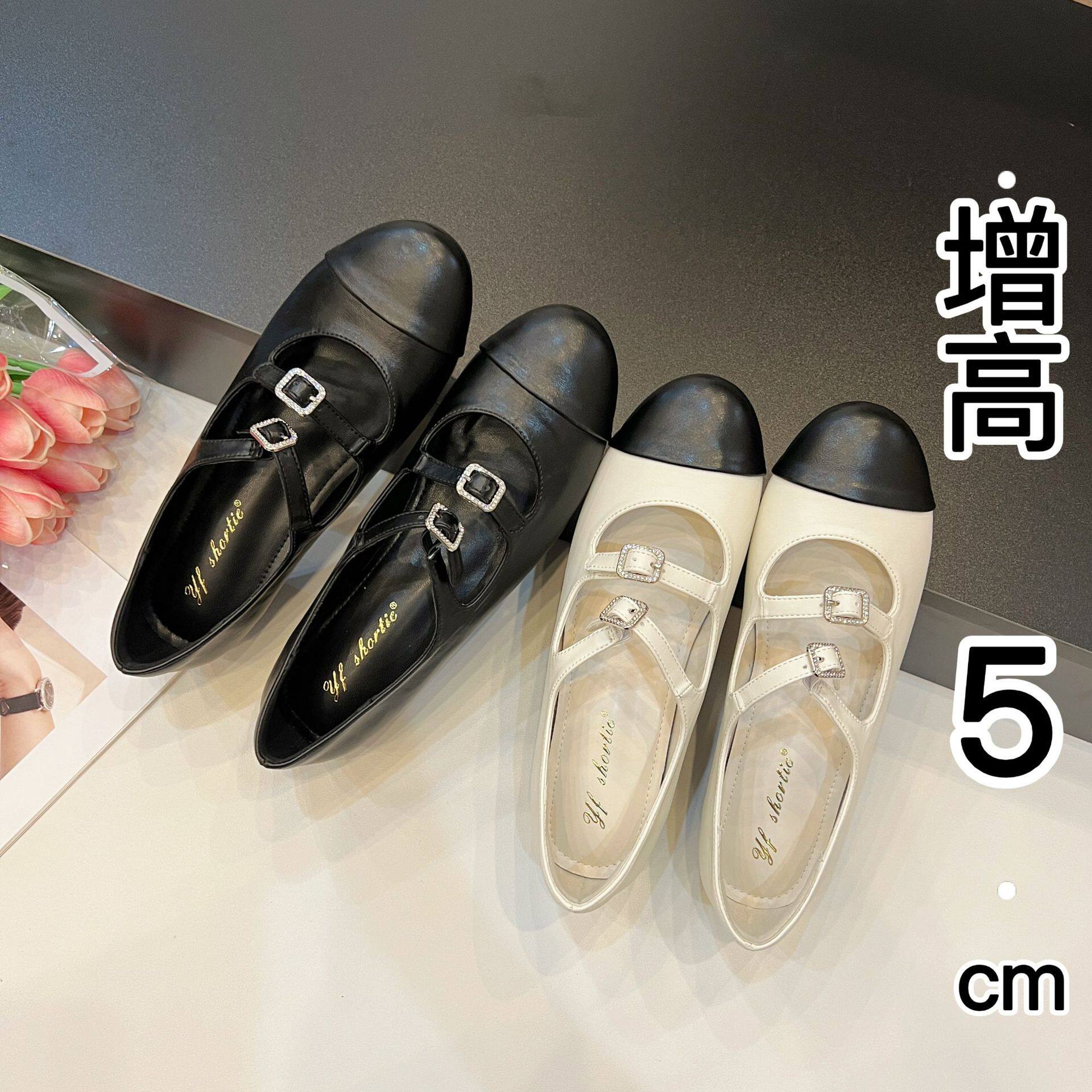内增高女鞋水钻扣带拼色圆头单鞋2026春新款法式绝美不累脚小跟鞋