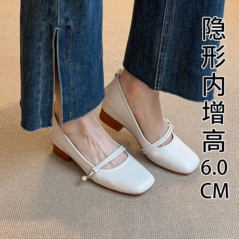 2026年新款内增高6cm复古方头软皮玛丽珍珠芭蕾舞时尚百搭单鞋女