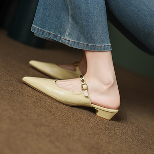 羊皮版~2026夏新款尖头包头半拖女配裙子晚晚仙女风凉拖法式单鞋