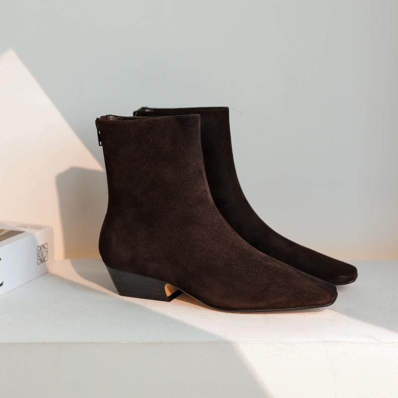 Weslien Rowe极简老钱风小方头短靴低跟粗跟后拉链真牛皮褐色女靴,女鞋,弹力靴/袜靴,淘宝优惠券,粉丝福利购,淘宝优惠卷
