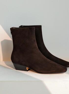 Weslien Rowe极简老钱风小方头短靴低跟粗跟后拉链真牛皮褐色女靴