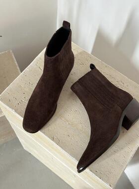 法式小众新款Weslien Rowe经典切尔西靴英伦风时装一脚蹬小方头靴