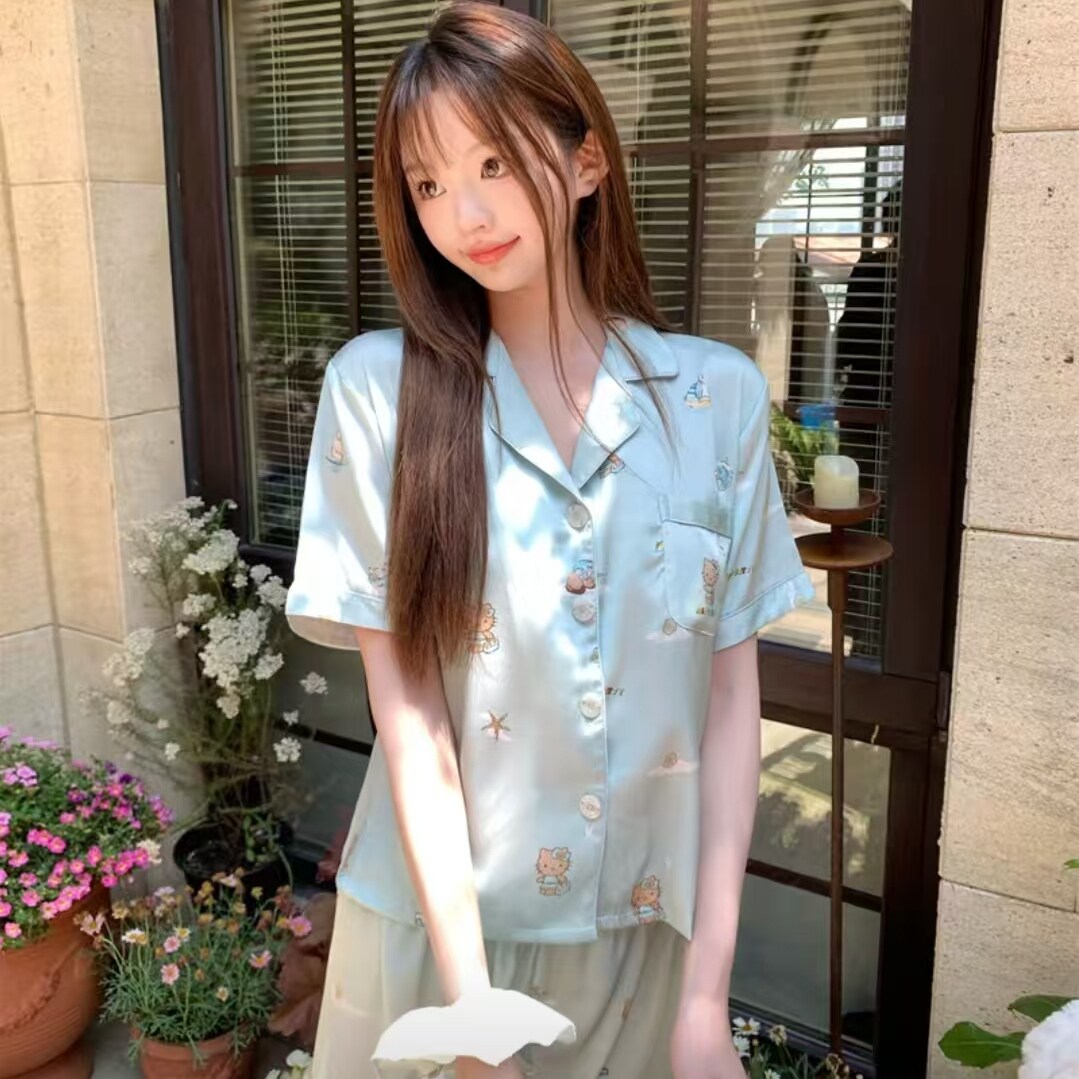 可爱真丝睡衣女夏季薄款两件套印花Kitty 高级感家居服送闺蜜礼物
