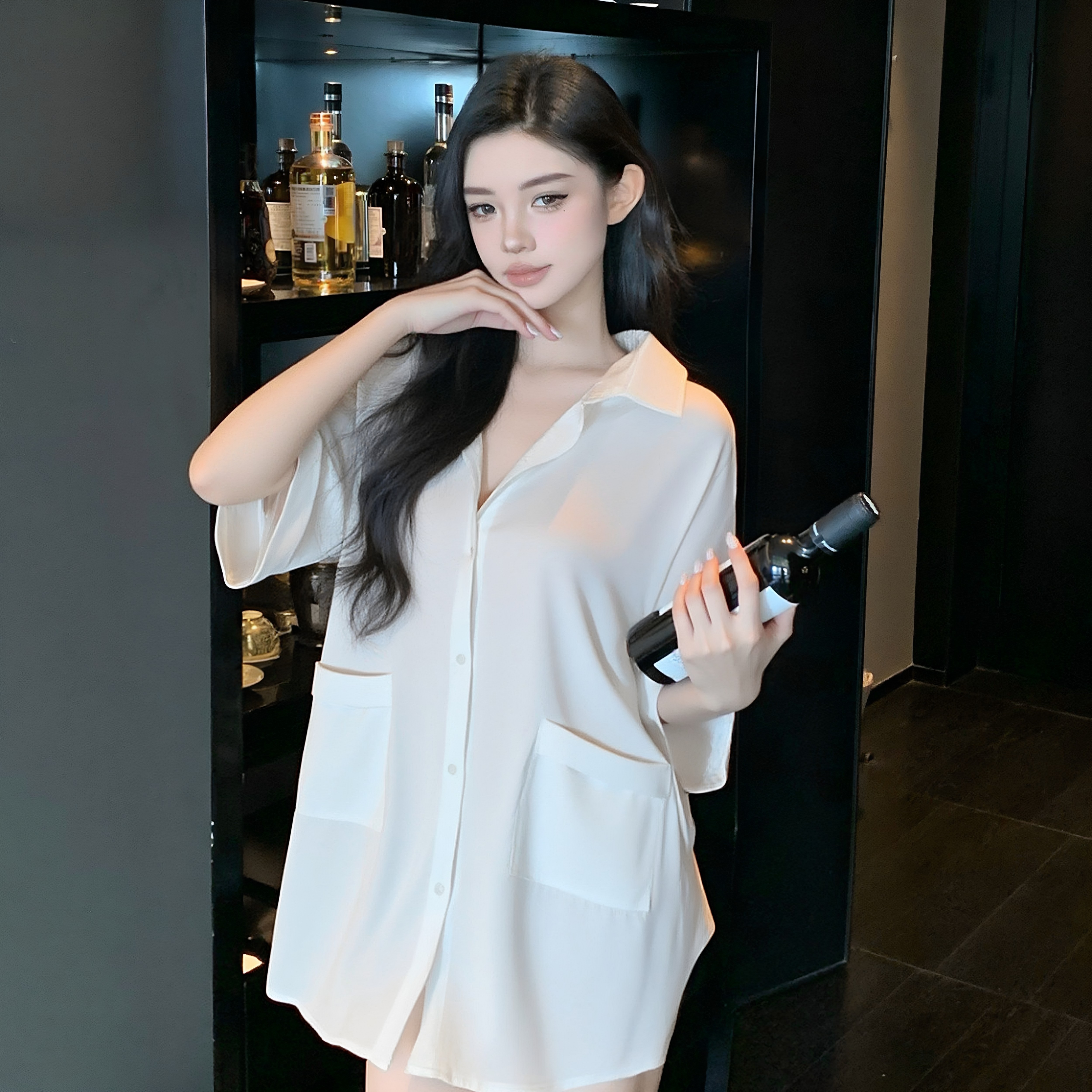 真丝睡衣女纯欲宽松翻领白礼盒装