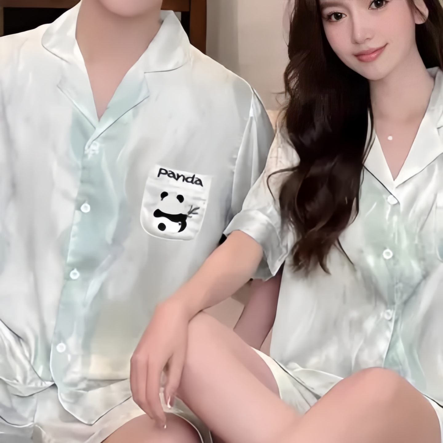情侣款真丝睡衣女夏季两件套熊猫印花短袖家居服送女友闺蜜礼盒装