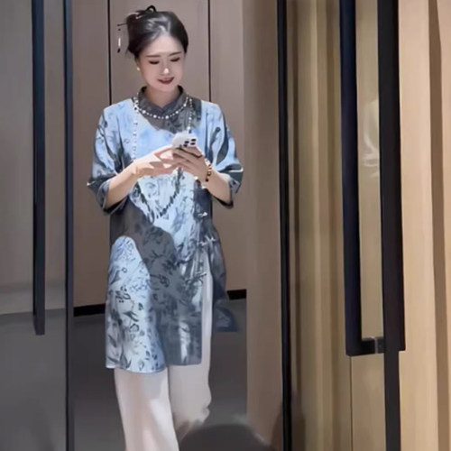 新中式复古国风提花改良旗袍裙夏大码胖mm宽松显瘦长款衬衫上衣女