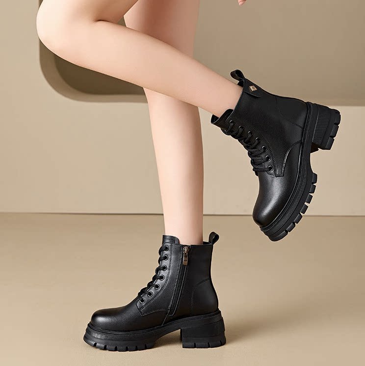 真皮加绒厚底复古马丁靴女2026秋冬新款英伦高跟系带短靴百搭女鞋