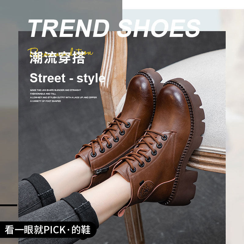 真皮复古加绒厚底高跟马丁靴女2026秋冬新款潮流系带骑士靴女鞋