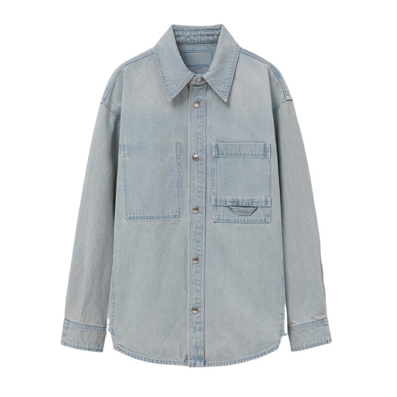 代购Wooyoungmi牛仔衬衫男士透气耐磨百搭舒适浅色口袋设计