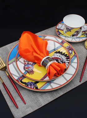 橙色西餐餐具套装高档奢华样板间家用牛排刀叉盘子咖啡杯碟