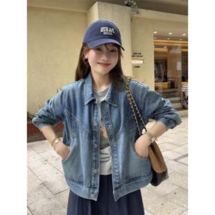 巨好看的早秋韩系穿搭小个子蓝色复古牛仔外套阔腿裤休闲套装女