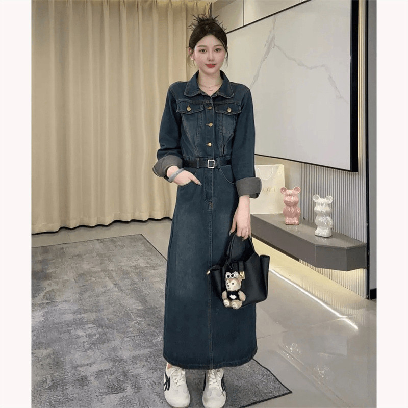 复古蓝牛仔连衣裙长袖春秋新款港时尚套装