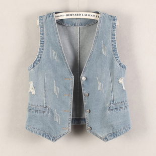磨破牛仔马甲女款外穿夏季薄款小个子短款无袖坎肩v领背心马夹ins