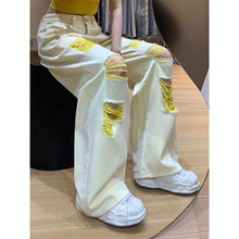 美式复古做旧水洗黄色破洞牛仔裤子女辣妹设计感宽松垂感拖地长裤