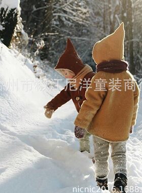 66新款KS同款男女童羊毛尖帽加绒尼子大衣外套保暖