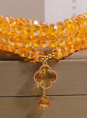 ins小众设计黄水晶算盘珠多圈手链女轻奢精致四叶草吊坠水晶手串