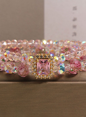 新中式玫瑰花园粉色水晶双圈手链女轻奢小众粉色方形锆石转运手串