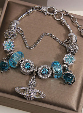 潘家风格蓝色琉璃珠手链女韩版ins小众轻奢复古星球吊坠手串手环