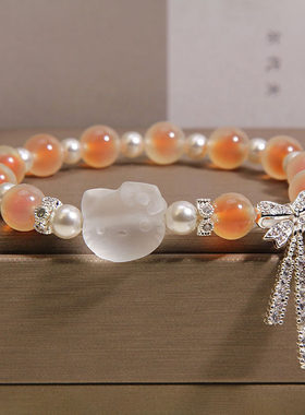 橘红糖心玛瑙招财猫手链女轻奢小众高级感优雅精致蝴蝶结流苏手串