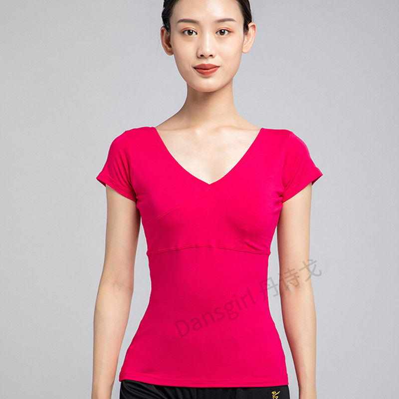 清仓丹诗戈舞蹈服装短袖女芭蕾舞服练功服T恤V领丝光棉广场舞上衣