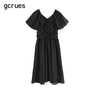 V领褶皱仙女裙设计感长裙G06X08B3452 CC家居控 gcrues法式