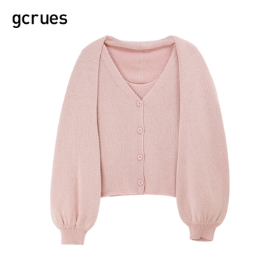 gcrues2024秋季新款针织衫女开衫小个子老灯笼袖短款上衣春秋外套